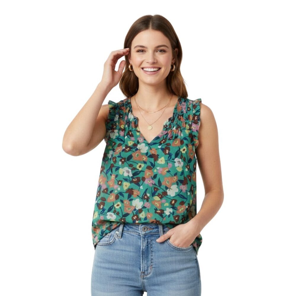 2 for $20 Elle Floral Sheer Lined Sleeveless Pullover Blouse M Smocked Ruffles